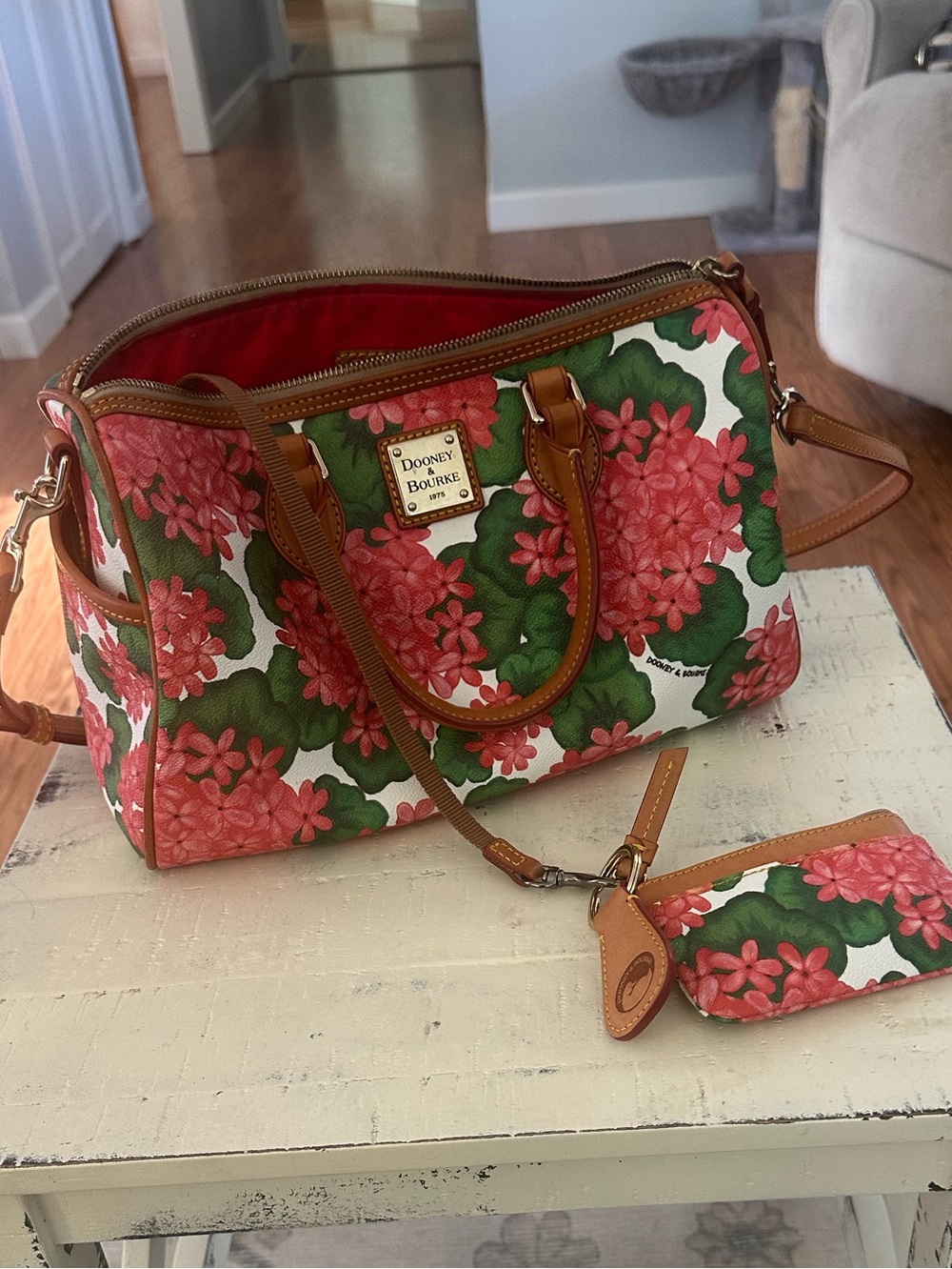 Dooney & Bourke Coral Floral Satchel with Green Leaves